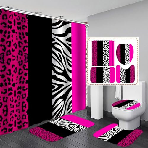 jieprom Leopard Print Shower Curtain Set with Rug, Toilet Lid Cover and Bath Mat, Pink Black Splice Shower Curtain with 12 Hooks