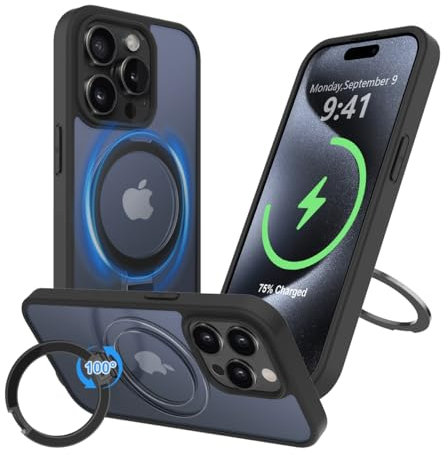 Ruayia Stand Case für iPhone 15 Pro Hülle für MagSafe, Magnetischer Robust Standring Handyhülle, Stoßfest Kratzfest Schutzhülle, Matt Rückseite Hülle für iPhone 15 Pro, 6.1 - Schwarz