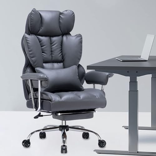 Efomao Desk Office Chair, Big and Tall PU Leather Ergonomic Office Chair, 200KG Adjustable High Back Computer Chair,Executive Swivel Chair with Footrest and Lumbar Support, Light Black