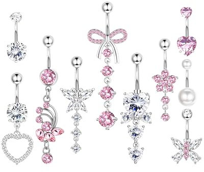 YADOCA 10Pcs 14G Bauchnabelpiercing Chirurgenstahl Silber Piercing Bauchnabel CZ Schmetterling Schlange Clicker Lang Bauchnabelpiercing Ring