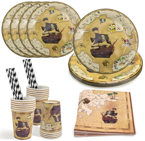 64 Stück Piraten Partygeschirr Set, Piraten Pappteller Kindergeburtstag, Piraten Deko Kindergeburtstag Besteck Enthält Teller, Servietten, Tassen, Strohhalme(für 16 Gäste) (Pirat-B-Stil)