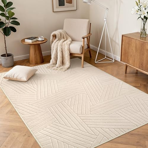 BEIMO Beige Wohnzimmer Teppich, Waschbar & rutschfest, 120x160 cm | Weiche 3D-Optik im modernen Boho-Stil sorgt für mehr Wohnkomfort in Schlafzimmer, Wohnzimmer oder Flur