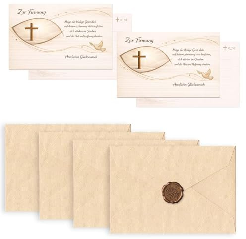 Luxorium Set de 4 Tarjetas de Confirmación con Sobres - Tarjetas de Felicitación con Cruz y Pez - Regalo para Confirmación de Niños y Niñas