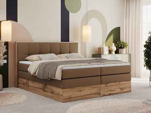MKS MEBLE Boxspringbett 180x200 cm mit Bettkasten, Holzrahmen – Boxspringbett mit Matratze H3 & Kopfteil – Braun Kunstleder – Albero 1 King – Topper Visco