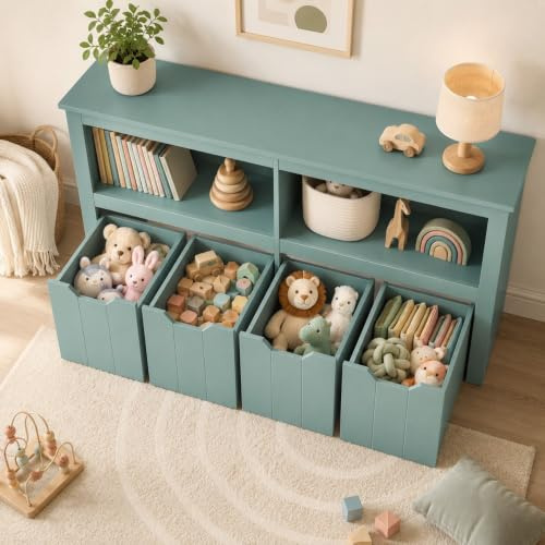 ZECIIYE Spielzeugregal mit 4 herausnehmbaren Rollboxen, Kinderregal mit 2 offenen Fächern und Kippschutz, multifunktionale Spielzeugaufbewahrung aus MDF, 120 x 33 x 61 cm, Grün