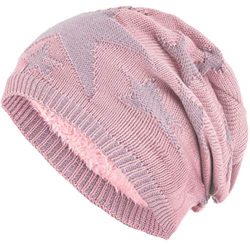 Compagno Sternen Wintermütze warm gefütterte Beanie Flechtmuster Einheitsgröße Mütze, Farbe:Rose