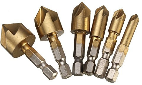 NUZAMAS Lot de 6 forets coniques à 5 cannelures 6,35 mm Tige hexagonale 90 degrés Plaqué titane Forets à chanfreiner Taille : 6 mm, 8 mm, 9 mm, 12 mm, 16 mm, 19 mm