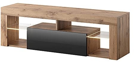 Selsey BIANKO – TV-Lowboard/TV-Schrank in Holz-Optik Lancaster Eiche mit Klappe in Schwarz Hochglanz mit LED-Beleuchtung Stehend 140cm
