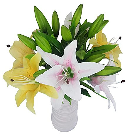 Künstliche Lilien, künstliche Lilien, Blumen, für Zuhause, Hochzeit, Bouquets, Zuhause, Hotel, Party, Dekoration, Grab, Arrangement Yellow,Light Pink