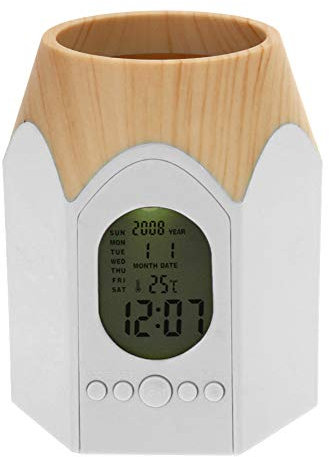 VEADK Porte crayon Boîte de rangement pour papeterie avec pot à crayons avec LED Réveil numérique Horloge de table Température Affichage du calendrier, vert