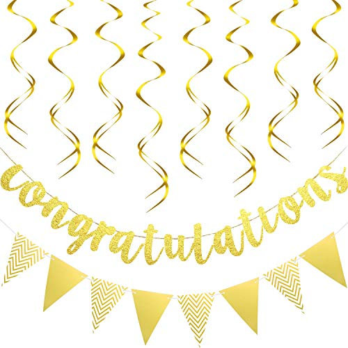 Gold Glitzer Congratulations Banner Dreieck Flagge Banner mit 12 Stücke Gold Hängend Wirbel für Hochzeit Ruhestand Abschlus Jahrestag Party Dekorationen