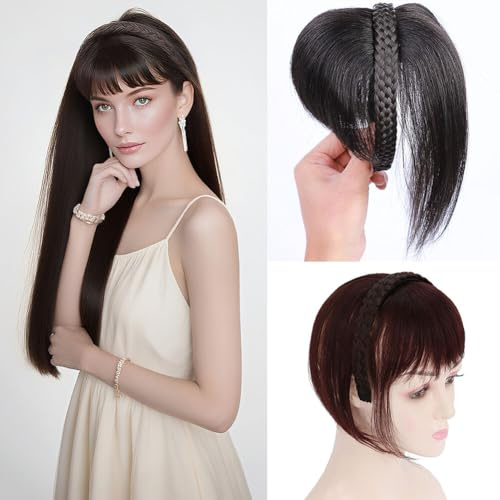 LesafeV Echthaar-Topper mit Haarreifen, nahtlos, 25,4 cm, glattes Haarteil mit dickem Pony, gebrochenes Schwarz