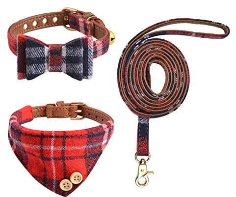 HACRAHO Fliege Hundehalsband mit Leine Set, 3 PCS verstellbare Welpenhalsbänder Bandana mit Bell Plaid Red Bandana Hundehalsband für kleine Hunde, Welpen und Katzen im Freien