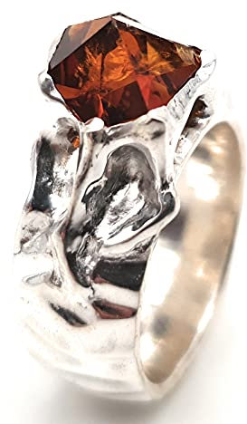 LeoLars-PABE Citrin Design Ring aus 925er Silber, Gr.60, Sonderschliff, Organisch, Hammerschlag, Unikat, Handarbeit