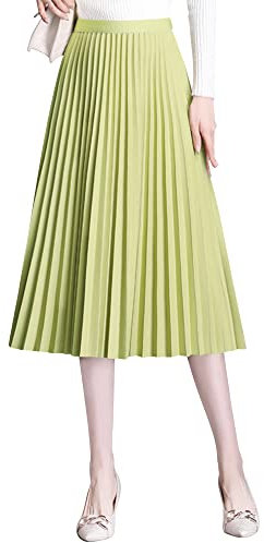 Camilife Damen Mädchen Plisseerock Midirock Damenrock in Mittlere Länge Silberfaser-Stricktuch Faltenrock Elastischer Bund für Frühling Herbst Rocklänge 75cm - Einfarbig Gelbgrün