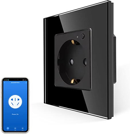 JIMEIDA Enchufe wifi empotrado en negro, enchufe de cristal compatible con Amazon Alexa Google Home, 1 compartimento inteligente estándar Schuko, 2,4 GHz WiFi