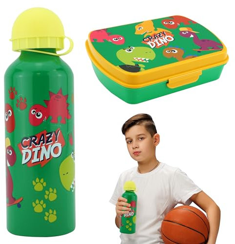 SRV Hub® Fiambrera con personaje de dibujos animados para niños con botella de agua deportiva de aluminio, fiambrera de plástico de 18 cm, botella de agua de 500 ml (juego de fiambrera Crazy Dino)