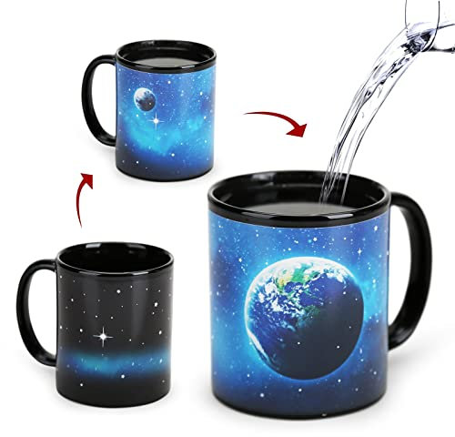 Heat Changing Coffee Mug 11oz Ceramic, Earth Moon System Astronomy Novelty Cup, Color Changing Space Gift for Christmas Halloween Birthday - Funny Present for Family Friends Lovers