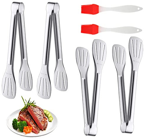YAANBUNB 4 Stück Grillzange 9 Zoll Küchenzange Fleischzange Edelstahl Servierzange Pfannenwender Zange Klein Silber Kochzange Wurstzange Küche mit 2 Backpinsel für Grillen Kochen Barbecue Braten