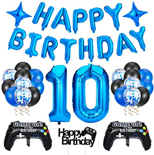 tonyg-p Gamer Deko Geburtstag,Videospiel Geburtstagsdeko Jungen 10 Jahre,Happy Birthday Girlande Banner,Gamecontroller Luftballons Schwarz Blaue Ballons für Kinder Videospiel Thema Party Zubehör