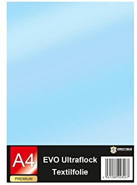 Evo Ultraflock Textilfolie für Plotter 33 Farben Flockfolie im Din A4 Format 30x20cm Plotterfolie für Stoff Kleidung T-Shirt Flock Folie Zubehör (1 Bogen, 015 Hellblau)