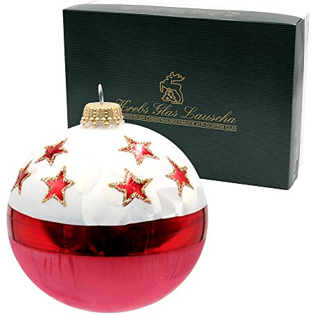 Lauschaer Christbaumschmuck - 6er Set Glaskugeln in Eisweiß und Rot, mundgeblasen und handdekoriert mit roten Sternen, mit Goldkrönchen, Größe Ø ca. 8 cm