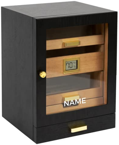 CASE ELEGANCE Monogrammierter Luca Humidorschrank, groß, Zigarrenaufbewahrung für 80–100 Zigarren, sattes schwarzes Eschenholz, digitales Hygrometer, spanische Zeder, Humidorlösung – schwarz