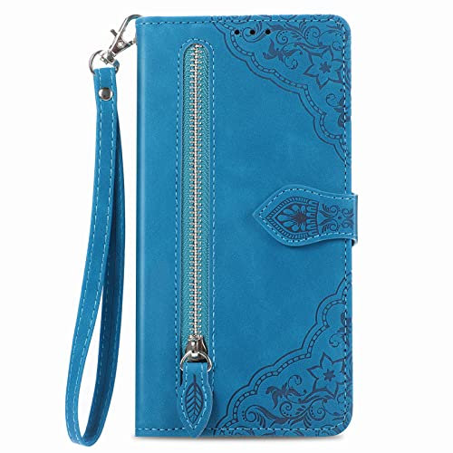 NEXCURIO Zip Wallet Case Compatible with Apple iPhone 12 Mini Phone Case Wallet with Credit Card Holder Strap Stand Women Leather Flip Case Floral Folding Cover Shockproof - Blue