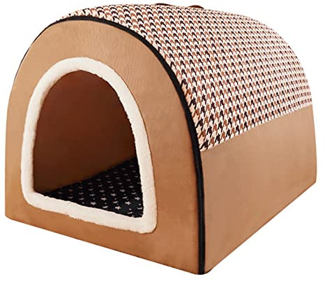 DENSUL Haustierbett, Großer Hund Hundehütte, Winter Wärme Halten Waschbar Innen Luxus Hundehaus Vier Jahreszeiten Hundehöhle Iglu mit Kissen,Khaki,XL 75 * 57 * 55cm