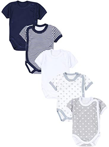 TupTam Baby Body Kurzarm Jungen – Wickelbody Kurzarm aus Baumwolle im 5er Set – OEKO-TEX Zertifiziert, Farbe: Sterne Weiß Grau Streifen Dunkelblau, Größe: 62