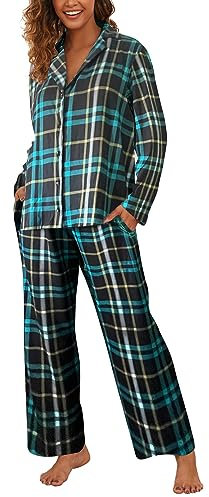 Famulily Damen Pyjama Set Langarm Nachtwäsche Frühling Herbst Nachtwäsche Lounge Sets mit Taschen Grün XL