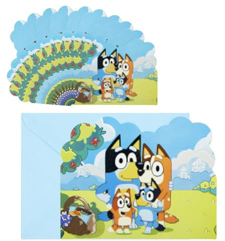 Dekewe 20 Einladungen Bluey, Einladungskarten Kindergeburtstag mit Umschlägen, Einladungskarten Geburtstag, Einladung Kindergeburtstag für Mädchen Jungen, Blau