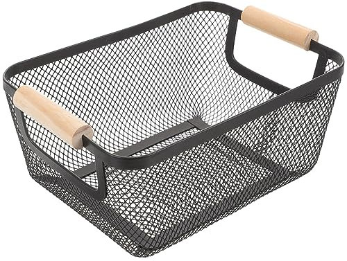 DOITOOL Drahtkorb Metallkorb Aufbewahrungskorb aus Schmiedeeisen mit Holzgriff Rechteckiger Schwarzer Gitterkorb Organizer für Badezimmer und Regale Großer Stauraum Nordisches Design