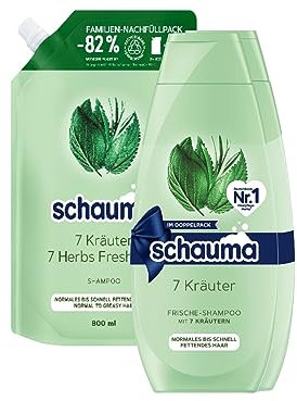 SCHAUMA Shampoo 7 Kräuter1x 2x400 ML & Schauma Shampoo 7 Kräuter Nachfüllpack, Frische-Shampoo für normales bis schnell fettendes Haar (1x800 ml)