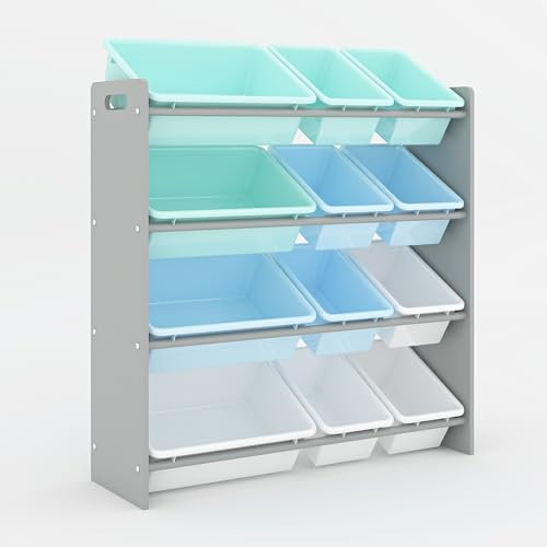 Duffy® Kids Storage Unit Toy Box Organiser Bookshelf With Removable Baskets, for Bedroom, Nursery, Playroom (Grey Wood With Blue Bins)