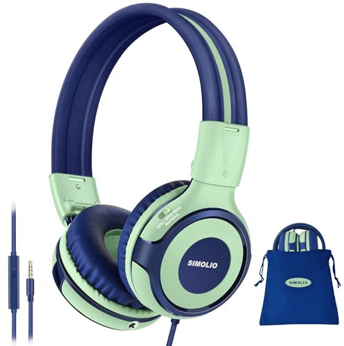 SIMOLIO Casque Audio Enfant pour L'école avec Microphone, Limiteur de Volume, Partager Jack, Réglable, Durable et Pliable, Sac de Transport, Casque Filaire Stéréo, Tout-petits, Garçons, Filles, Voyage
