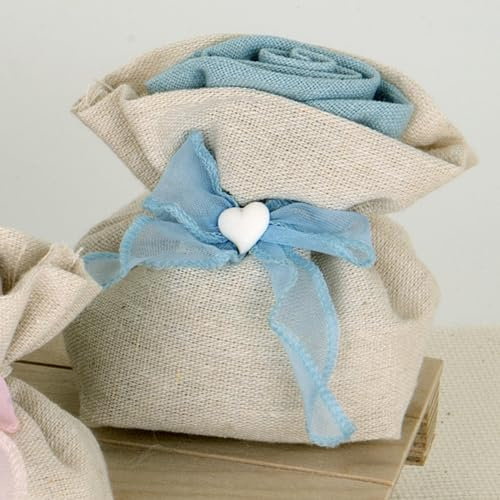 Doni Bomboniere 12pz SACCHETTINO PORTACONFETTI BOMBONIERE Maschio Comunione BAMBINIO Gadget FINE Festa Battesimo Bimbo Cuore Juta Originale Economico Avorio Elegante Raffinato UTILE Fai da Te