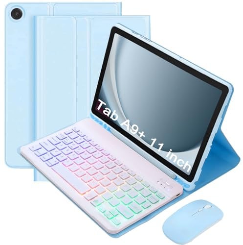 VLEAQC Keyboard Case for Samsung Galaxy Tab A9+/A9 Plus 11 Inch 2023 (SM-X210/X216/X218), Detachable Color Backlit Bluetooth Keyboard and Mouse, Slim Lightweight Stand Cover with Pen Holder,Blue
