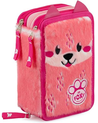 Julian Ross Foxy Plüsch Federmäppchen Kinder, 3 Organisierte Fächer, Federtasche Gefüllt, Mädchen, 45 Teilen für die Schule, Buntstiften, Filzstiften, Kleber und Scheren