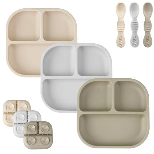 PandaEar Platos de Succión para Bebés, Juego de 3 Platos y Cucharas de Silicona para Bebés, Niños Pequeños e Infantes, Plato Dividido con Succión para Niños Pequeños (Marrón/Grisáceo/Cremoso)