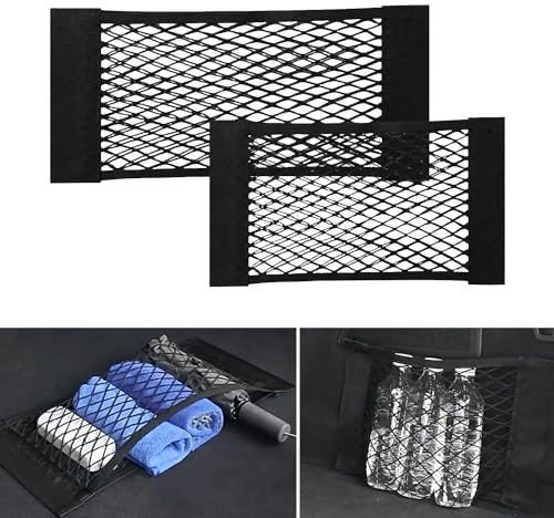 SYEYCW 2 Pcs Black Adhesive Mesh Cargo Net, 60 X 25cm & 40 X 25cm Elastic String Storage Mesh Bag, Car Trunk Storage Net Organizer, for Bottles, Groceries, Back Seat Car, Truck Trunk