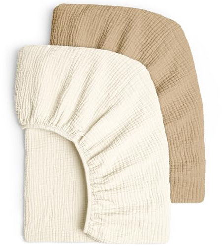 lulumoon Musselin Kinderbett Spannbettlaken Set: Weiches & Atmungsaktives Spannbetttuch für Reisebett und Babybett 100% Baumwolle 60x120-70x140cm 2er Pack (Weiß Gelb)