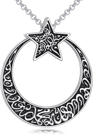 POPLYKE Mond Stern Islamische Halskette Sterling Silber Islamische Anhänger Kette Muslimische Religiöse Schmuck Geschenk für Männer Frauen