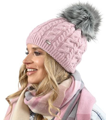 Alur Mütze Damen Beanie Wintermütze Strickmütze mit Bommel - Warme Elastisch Elegant Winter Mütze EKO Bommelmütze - Weiches Garn Stilvoll Universell Warm (Rosa)