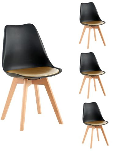 EGGREE Lot de 4 Chaises Salle à Manger Chaises de Cuisine Testé par SGS, 4 Chaises Bureau Scandinaves avec Coussin en Cuir PU et Pieds en Bois de Hêtre Massif, Noir & Doré
