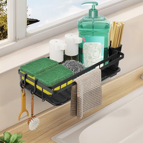 Colgado Organizador de Fregadero, Sin Taladros Soporte Estropajo Fregadero con Bandeja de Desagüe Extraíble, Toallero y Ganchos, Organizador Cocina Fregadero para Almacenamiento de Cocina y Baño