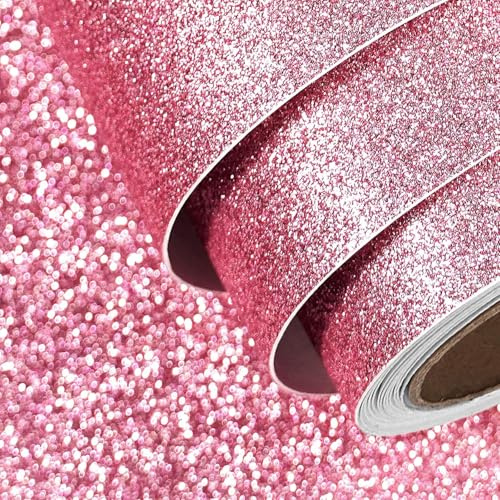 FunStick Pink Glitter Wallpaper Arts and Craft Coral Red Glitter Wallpapers for Bedroom Girls Vinyl Wrap for Furniture Walls Crafts Removable Sticky Back Plastic Pink Glitters Cupboards DIY 40CM×2M