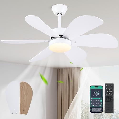 Ventilatori a soffitto con luci e telecomando, 107cm Ventilatore esterno bronzato con 6 pale reversibili in legno, Ventilatori moderni a basso profilo per patio, cucina, camera da letto