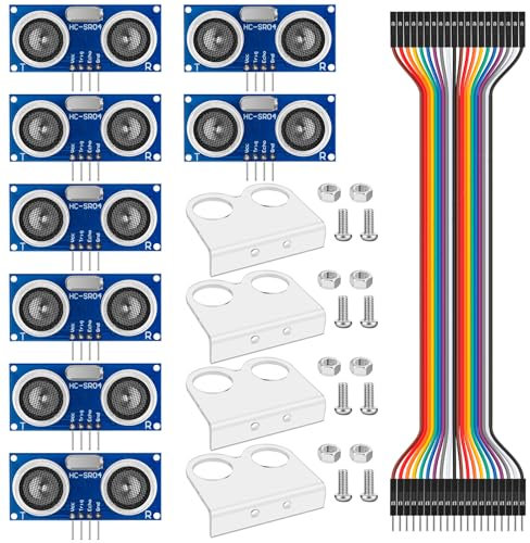 HC-SR04 Ultraschall-Sensor-Modul, 3–5 V, mit 4 Montagehalterungen, Abstandssensor + 2 x 20 cm 10P Stecker auf Buchse, Dupont-Kabel für Arduino R3 MEGA2560 Duemilanove Nano Robot XBee ZigBee ZigBee 8