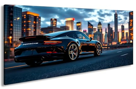 Schwarzer Porsche vor Skyline – elegant, schnell, urban. Panorama 80x40cm XXL Kunstdruck Motiv auf Holzrahmen/Leinwandbild/Wandbild/Wohnzimmer Dekoration
